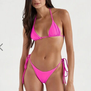 NWT OneOne Swimwear Bikini Set Taffy New Hot Neon Pink Ariel Triangle Ribbed